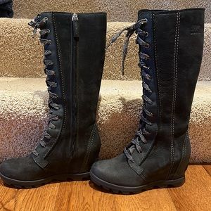 SOREL CATE THE GREAT WEDGE LEATHER LACE UP BOOTS BLACK. Knee high Sz 6.5